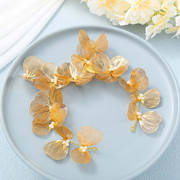 Flower Bridal Hair Vine Gold Floral Headpiece Wedding Accessories for Women - Picture 4 of 7